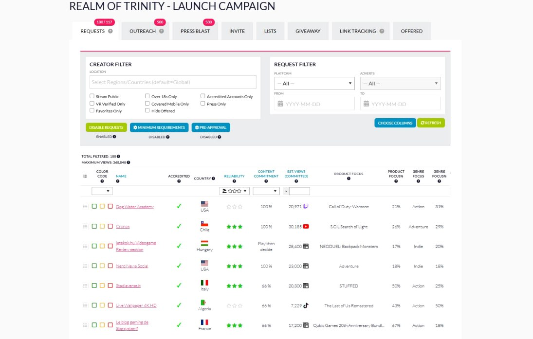 Keymailer dashboard listing creator key requests with channel size and coverage history