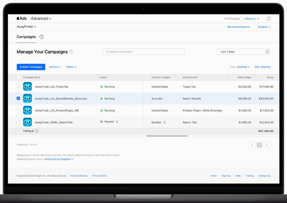 Apple Search Ads campaign dashboard showing keyword bids and cost per install metrics